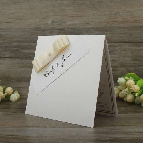 Square Foiling Invitation with Ribbon Bow Half Fold Wedding Card White Invitation Customized 
